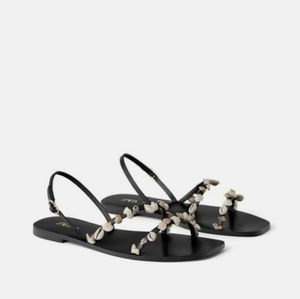 Zara Genuine Leather Strappy Sandals Shells Black